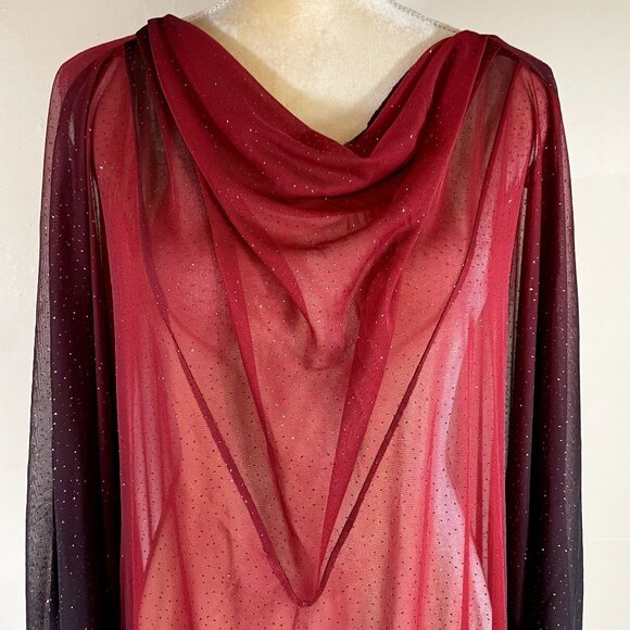 Catherines Flowy Floaty Red Sheer Ombre Cowl Neck Sparkle Maxi Caftan OSFM - Picture 6 of 8